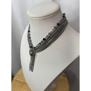 Burnished silver tone statement necklace multi strand blue beads costume jewelry